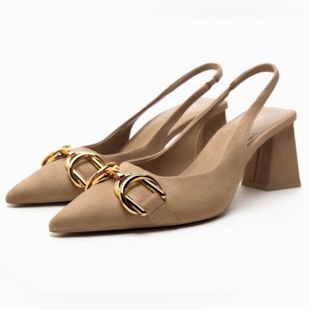 Zara Tan Heels with Gold Accents